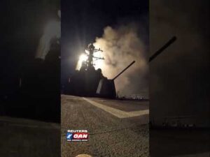 The U.S. Department of War shows missiles being fired from USS Bainbridge.